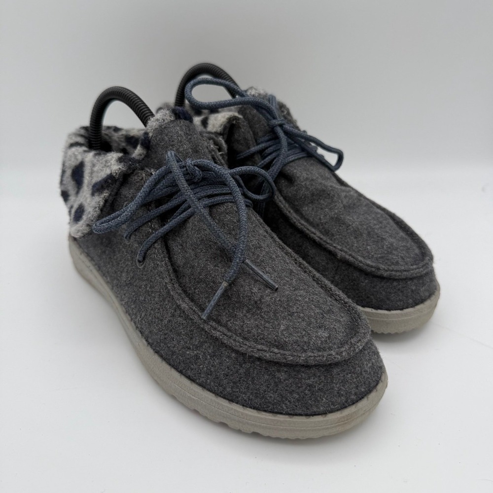 Women's Hey Dude Britt Grey Cheetah Wool Lined Slip-On Casual Comfort Shoes Sz 7 - Picture 2 of 8